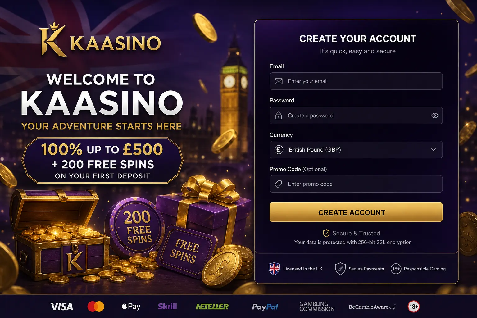 Secure registration form and welcome bonus access at Kaasino in UK