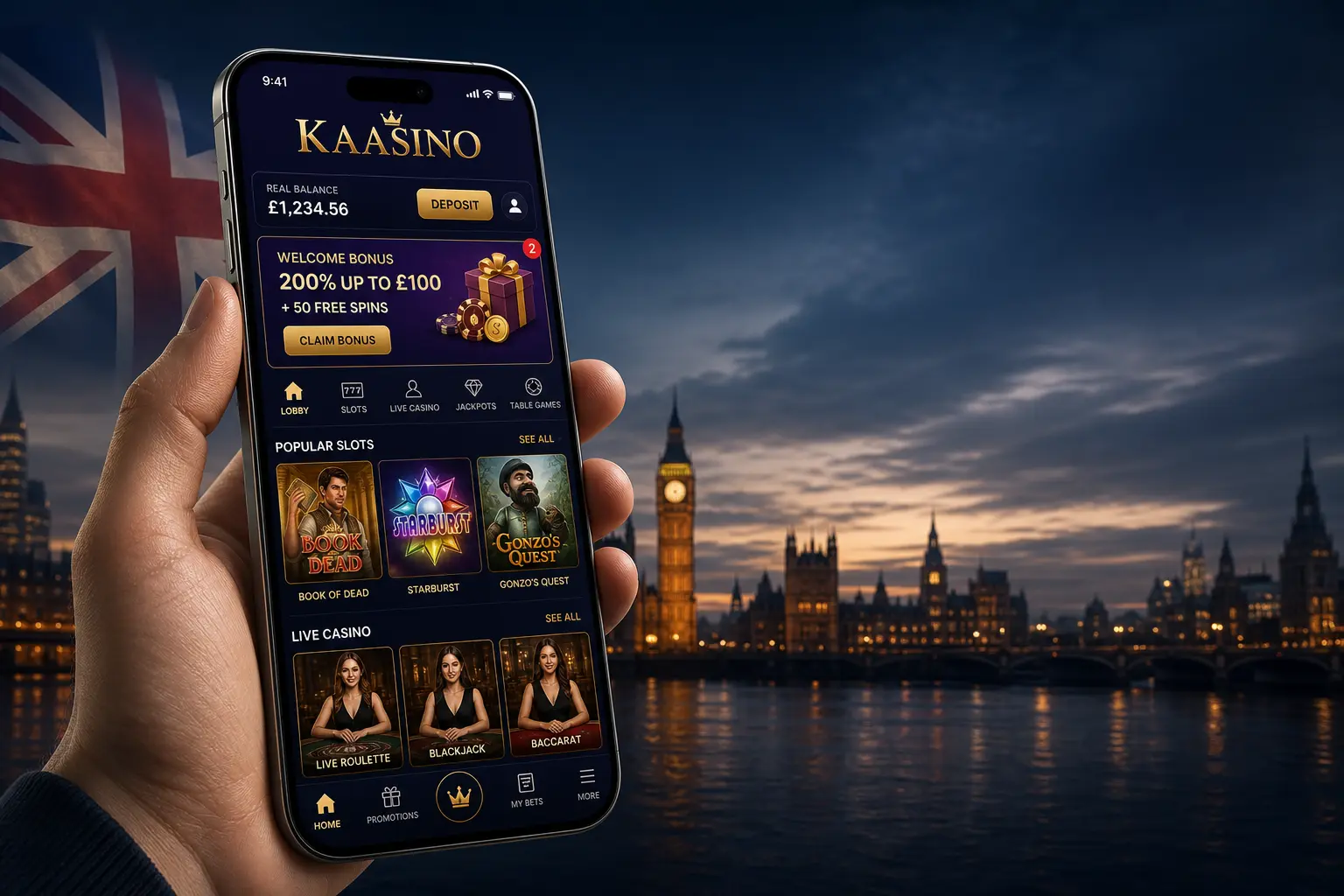 1 (9) Premium mobile app interface of Kaasino running on a smartphone in UK