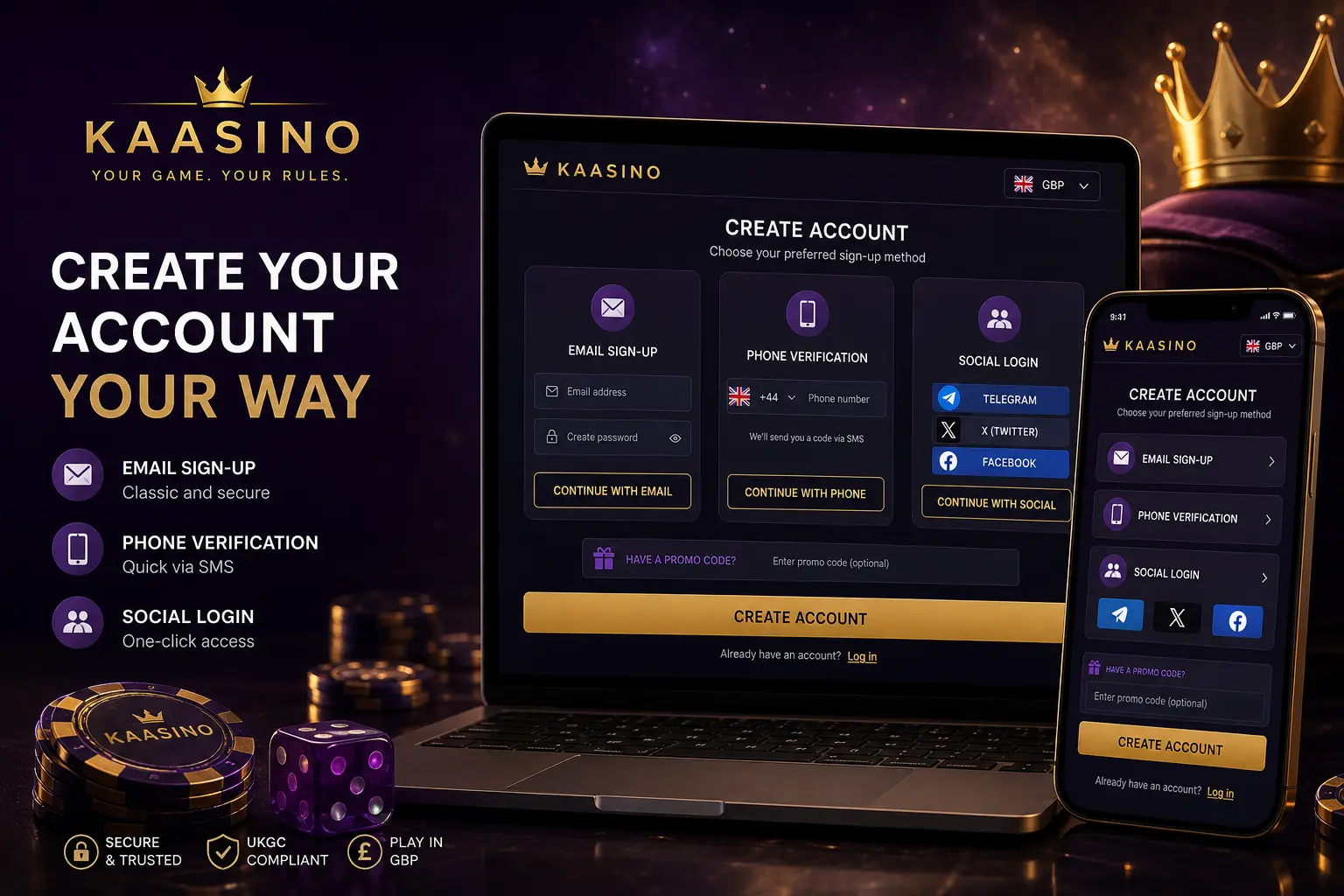 Available account creation options and sign up methods at Kaasino